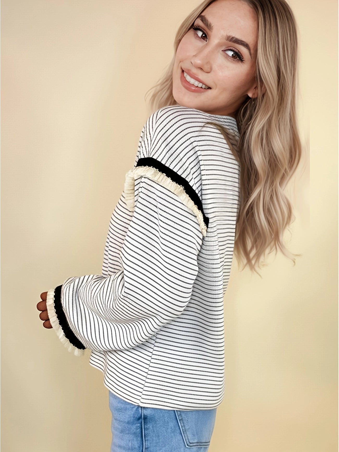Stripe Contrasted Ruffle Trim Loose Long Sleeve Top