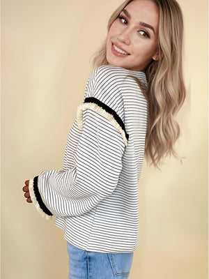 Stripe Contrasted Ruffle Trim Loose Long Sleeve Top