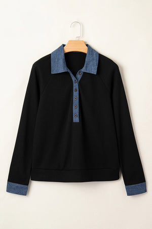 Denim Trimmed Collared Black Long Sleeve Top