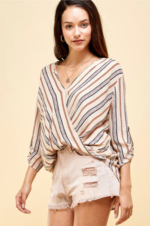 Blue & Orange Striped Roll Tab Sleeve Top