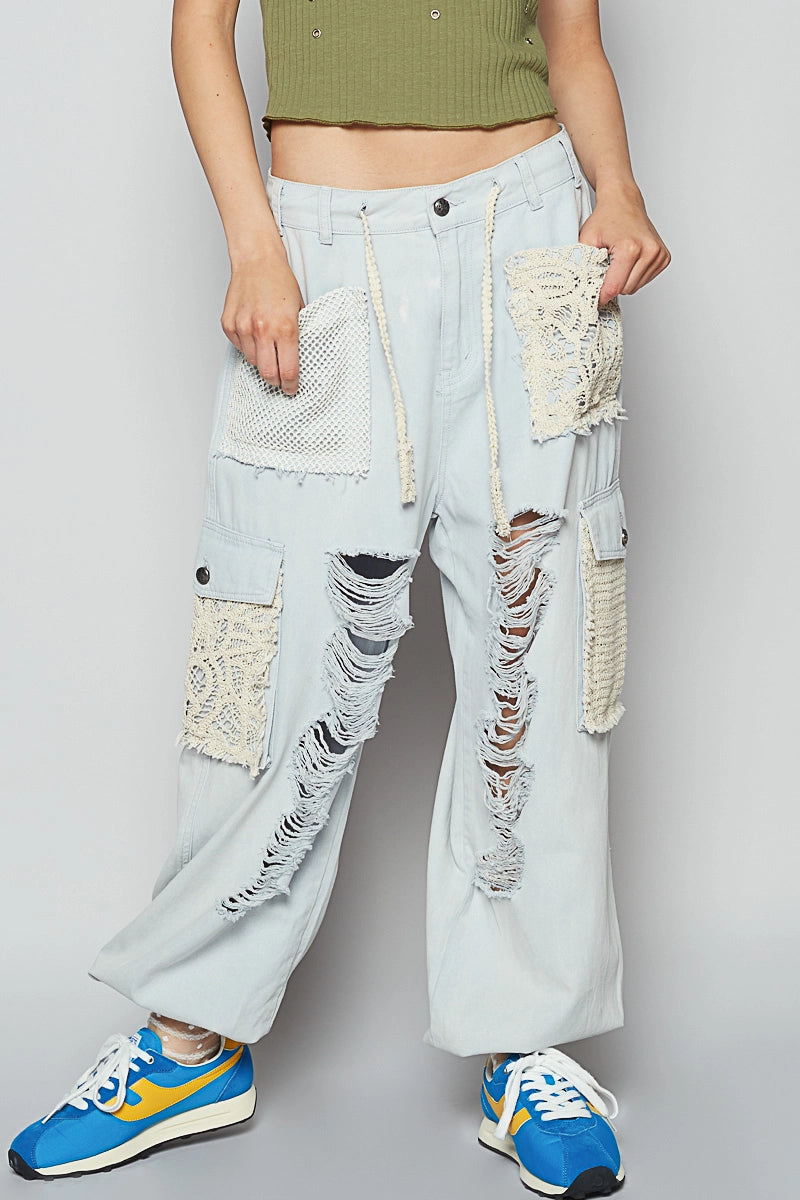 Distressed Patched Denim Joggers