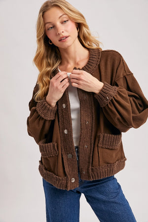Ribbed Trim Button-Up Mocha Cardigan