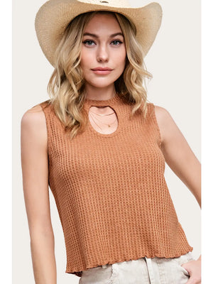 Waffle Tank Top With Cutout-Ginger