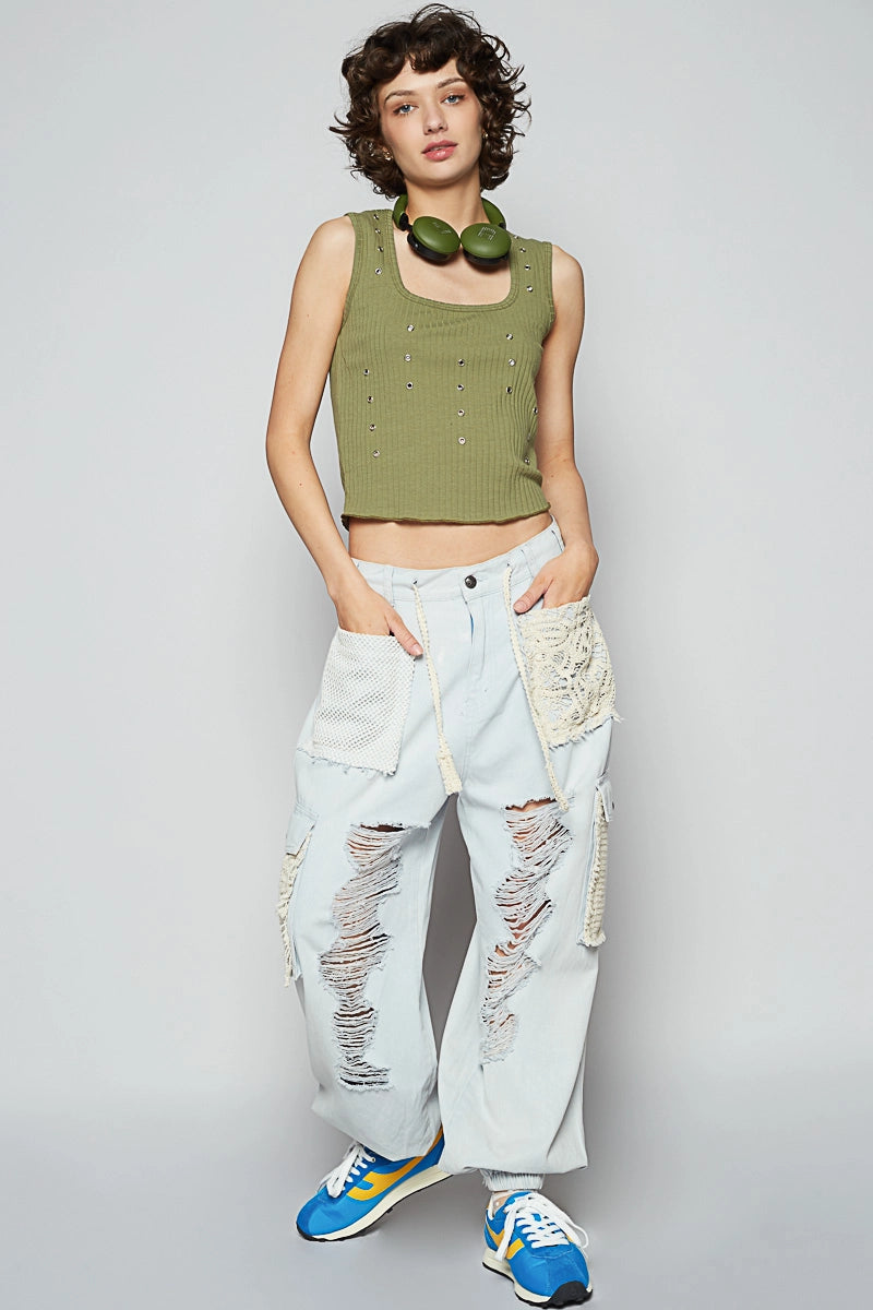 Distressed Patched Denim Joggers