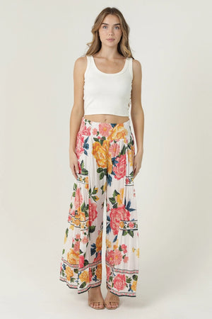 White Floral Wide Leg Pants