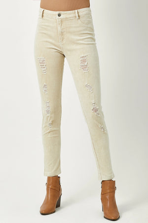 Almond Corduroy Stretch Pants- Distressed