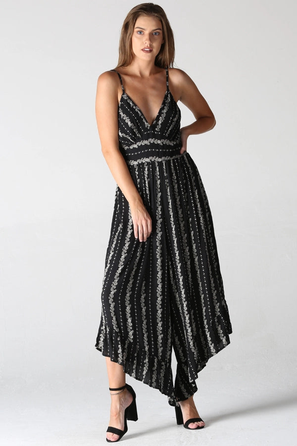 Black Striped Angled Hem Jumpsuit