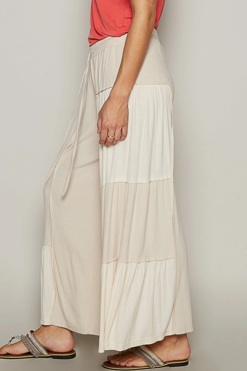 Sand Beige Wide Leg Ribbed Panel Pants