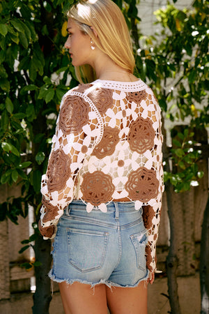 Crochet Flower Pullover Top-Cream & Taupe
