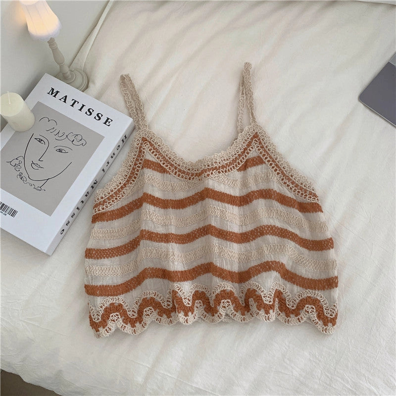 Embroidered Stripe Cropped Tank Tops