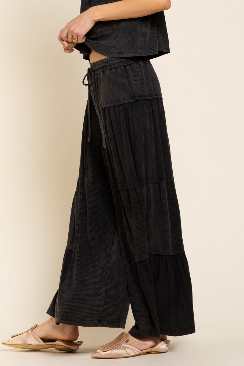 Black Wide Leg Ribbed Panel Pants