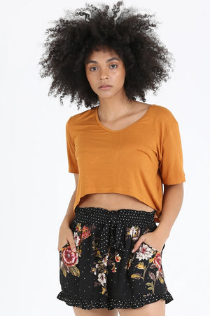 Black Floral Polka Dot Ruffled Shorts
