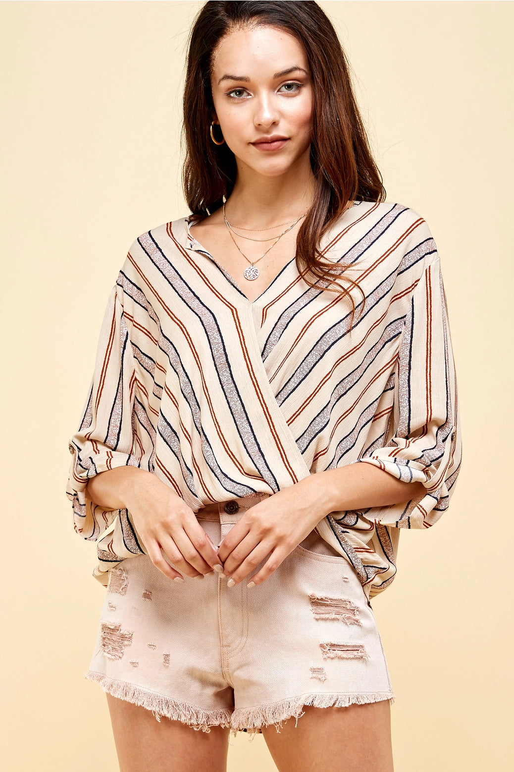 Blue & Orange Striped Roll Tab Sleeve Top