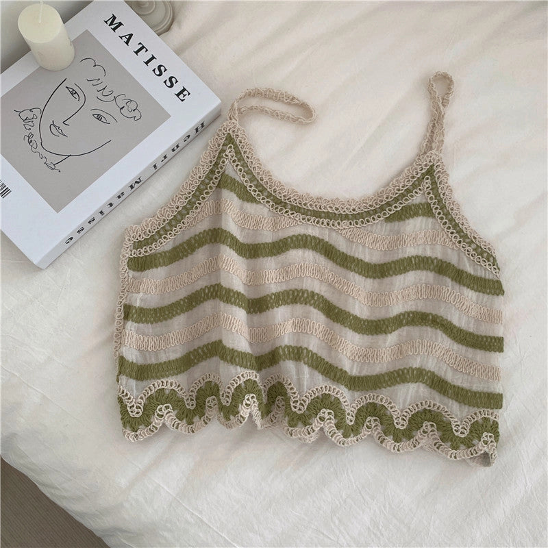 Embroidered Stripe Cropped Tank Tops