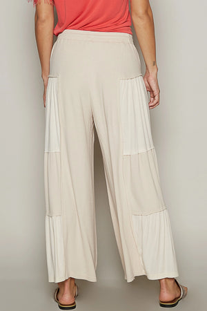 Sand Beige Wide Leg Ribbed Panel Pants