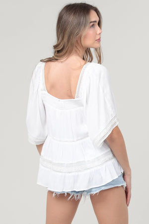 White Square Neck Top with Lace Detailing