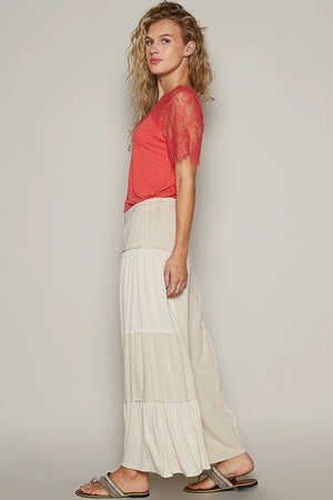 Sand Beige Wide Leg Ribbed Panel Pants