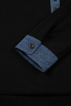 Denim Trimmed Collared Black Long Sleeve Top