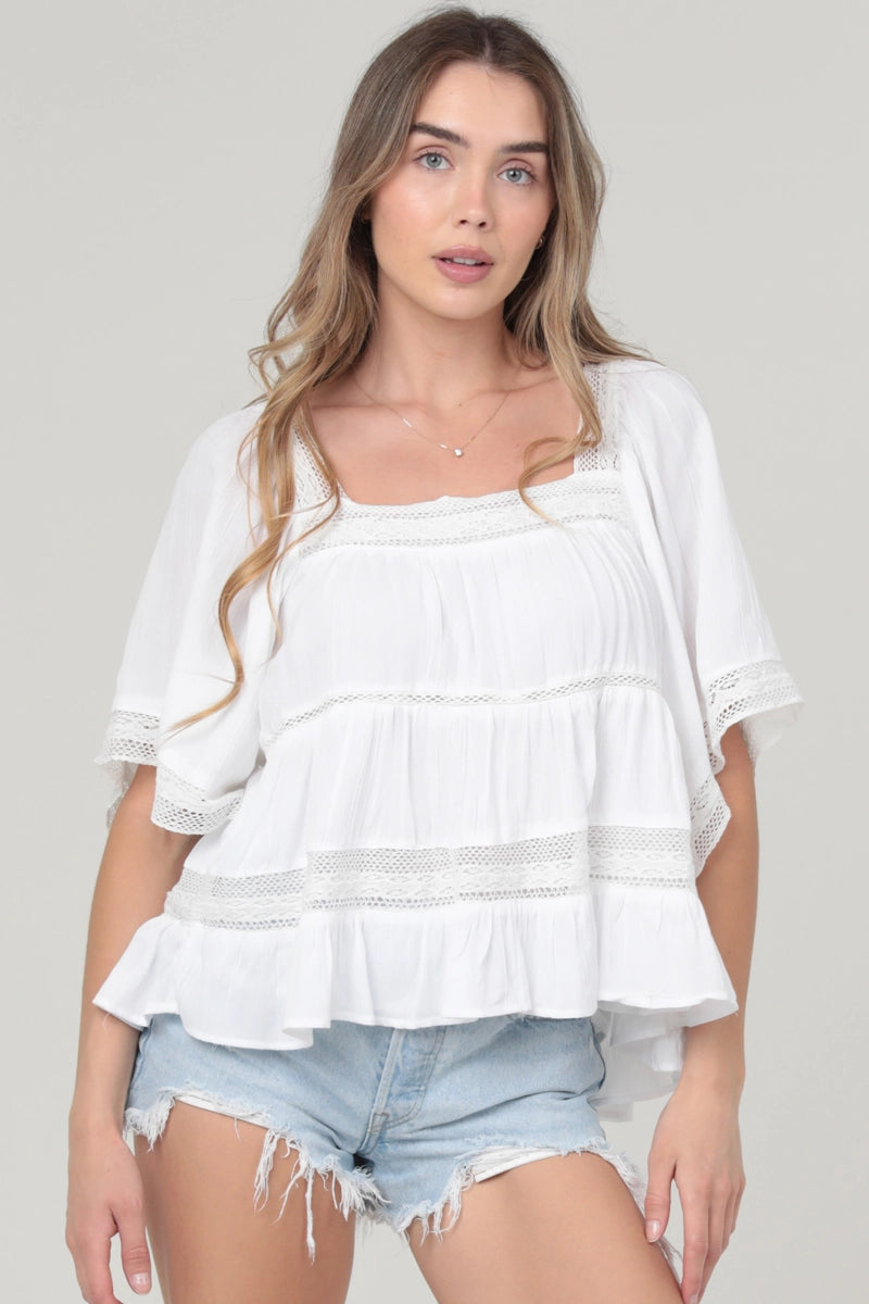 White Square Neck Top with Lace Detailing
