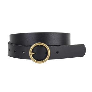 Black Leather Belt w/ Brass-Tones Circle Buckle
