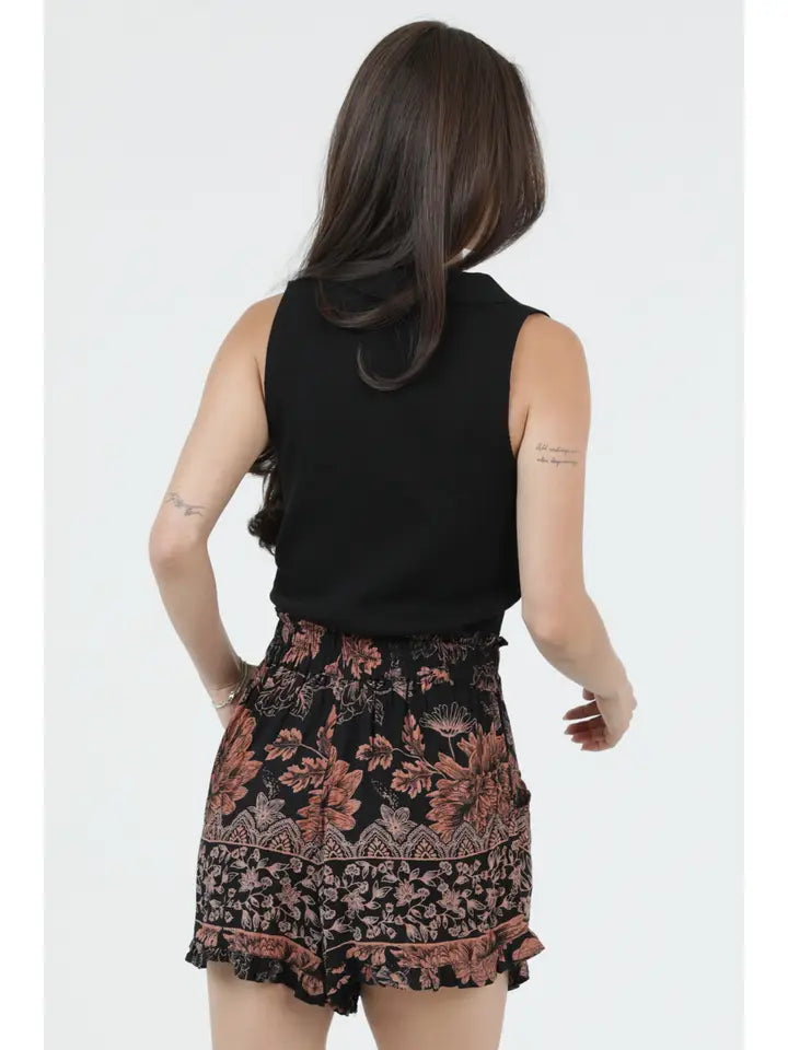 Black Drawstring Red Floral Shorts
