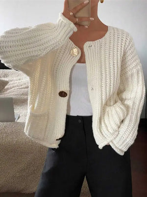 White Knit Cardigan-Gold Buttons