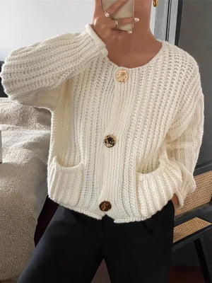 White Knit Cardigan-Gold Buttons