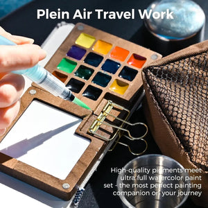 Traveling Watercolor Paint Set with Walnut Wood paint palette