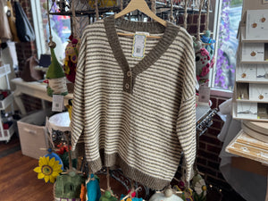 Taupe Stripe V-Neck Sweater