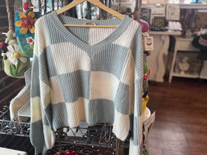 Greyish Blue Checkered V-Neck Sweater
