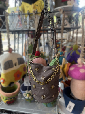 Beaded Brown Bucket Bag