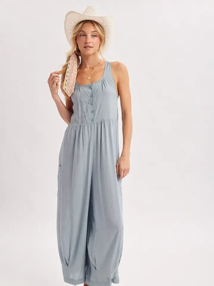 Chambray Cross-Back Boho Jumpsuit