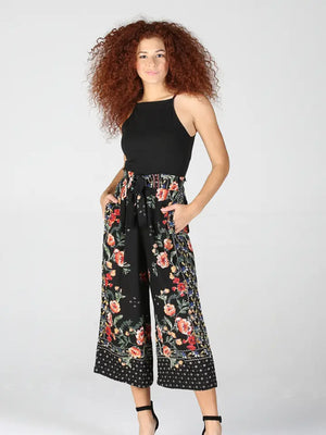 Black Floral Tie Waist Pants