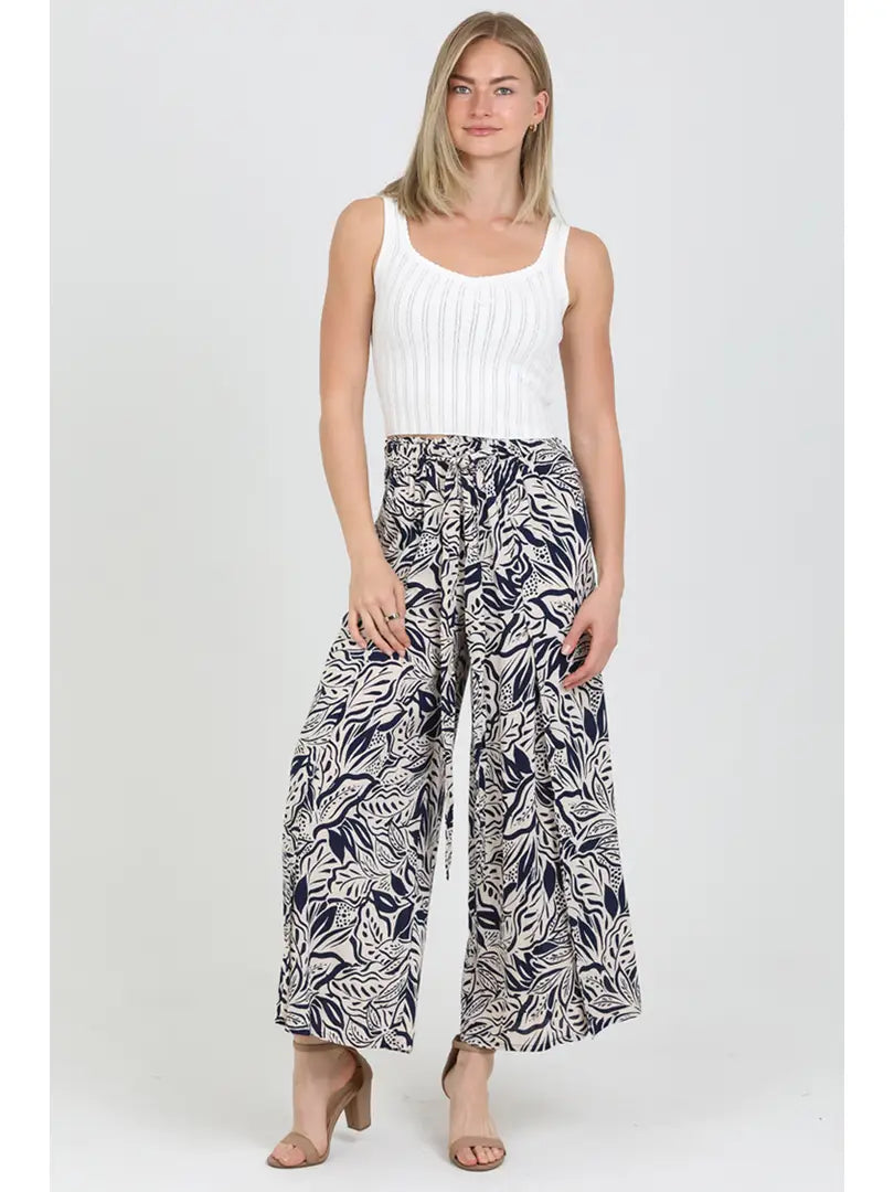 Navy on White Wide Leg Botanical Pants