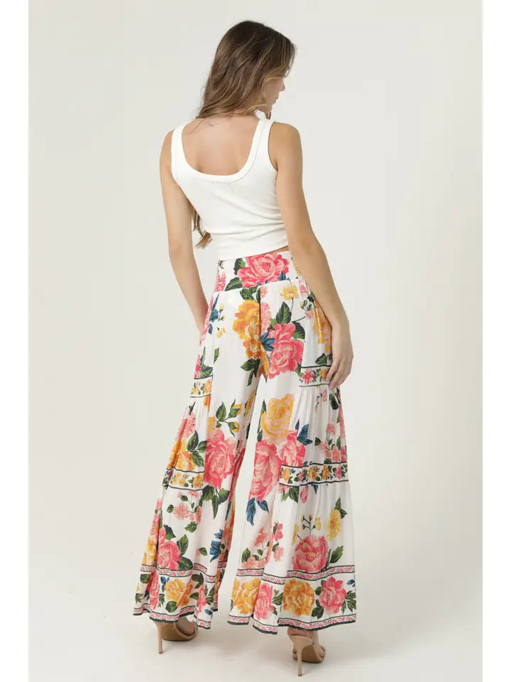 White Floral Wide Leg Pants