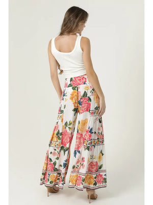 White Floral Wide Leg Pants