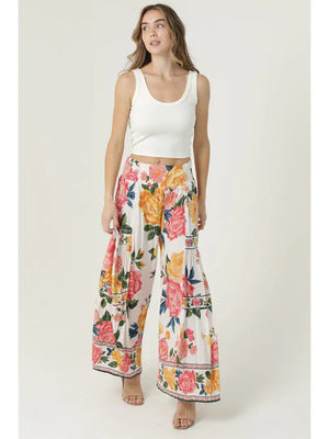 White Floral Wide Leg Pants