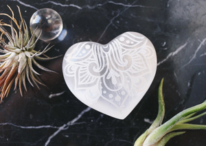 Etched White Selenite Crystal Heart: "Way of the Heart" Design