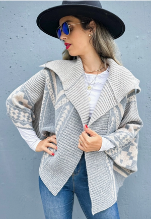 Grey Aztec Patterned Dolman Sleeve Sweater