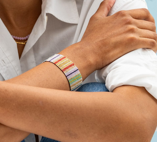 Multicolor & Gold Vertical Stripe Stretch Beaded Bracelet