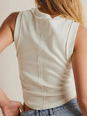 White Ribbed High Neck Tank