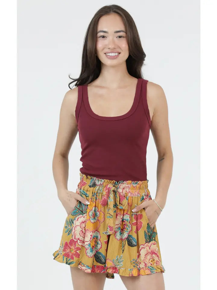 Yellow Tropical Floral Ruffled Shorts