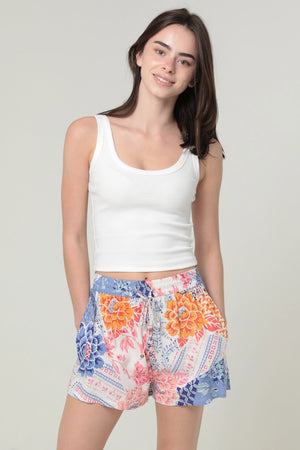 Floral Patchwork Elastic Waist Shorts