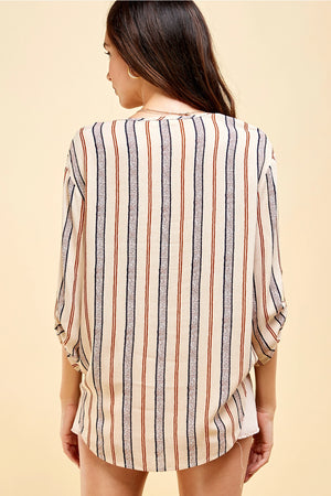 Blue & Orange Striped Roll Tab Sleeve Top
