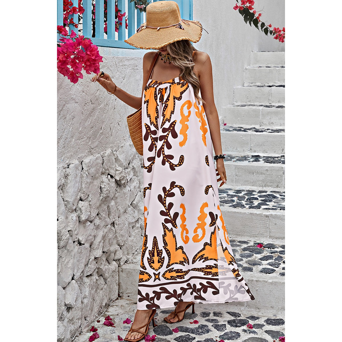 Orange Graphic Print Backless Cami Dress