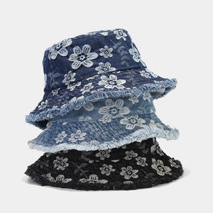Floral Bucket Hat Dark Blue Denim