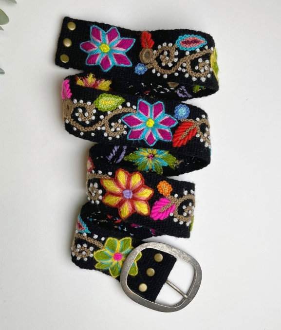 Hand Embroidered Belt Andean Blossom Black - Wide