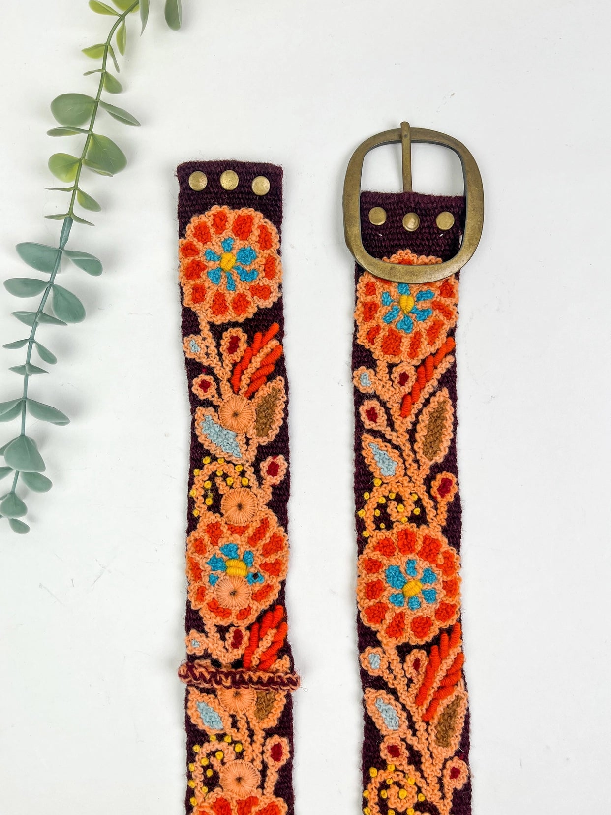 Hand Embroidered Belt Dahlia Burgundy - Wide