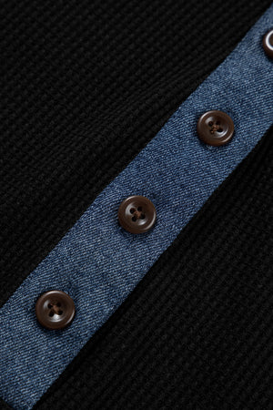 Denim Trimmed Collared Black Long Sleeve Top