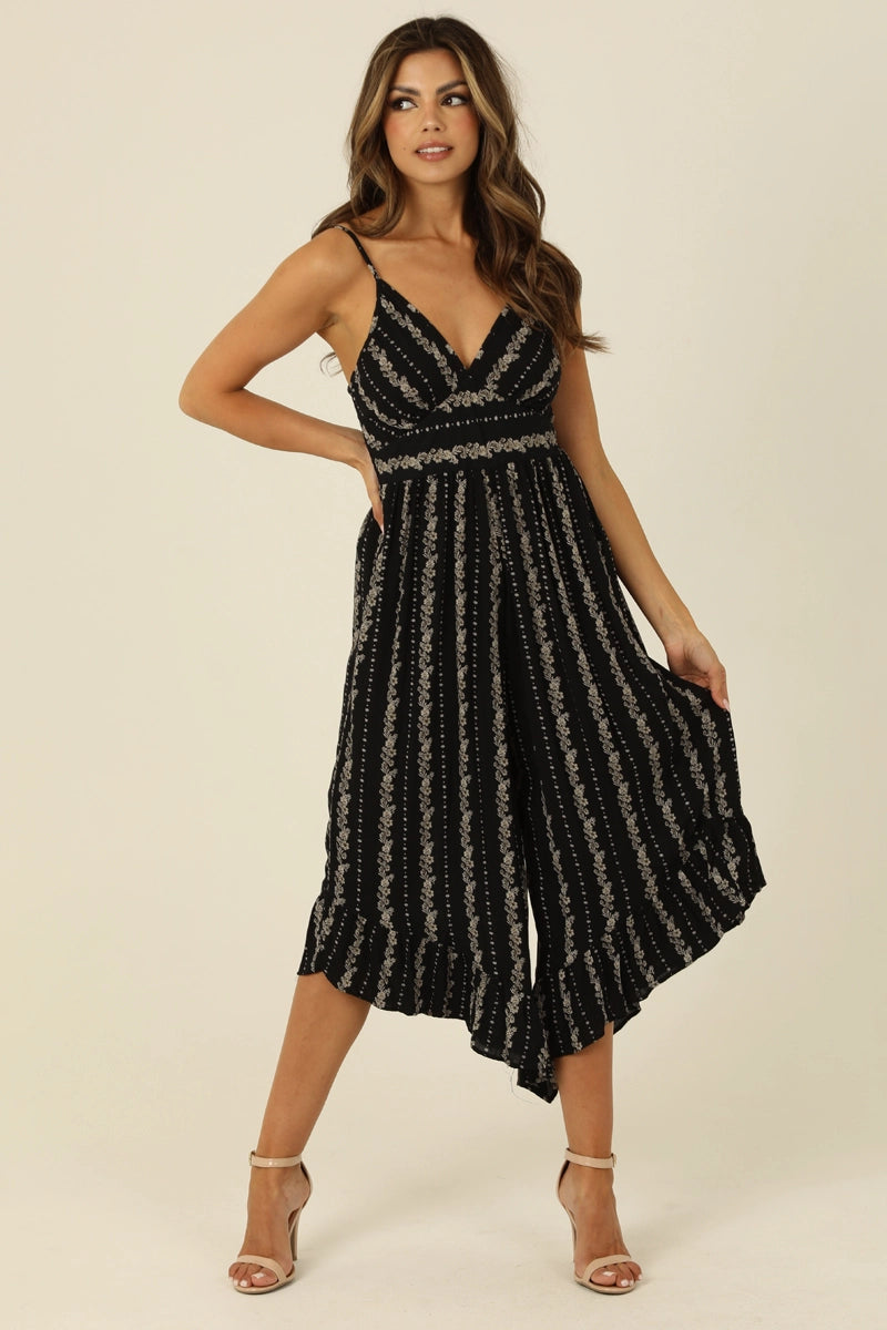 Black Striped Angled Hem Jumpsuit